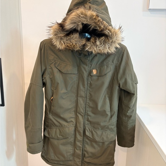 Fjallraven Olive Green Parka with Faux Fur Hood